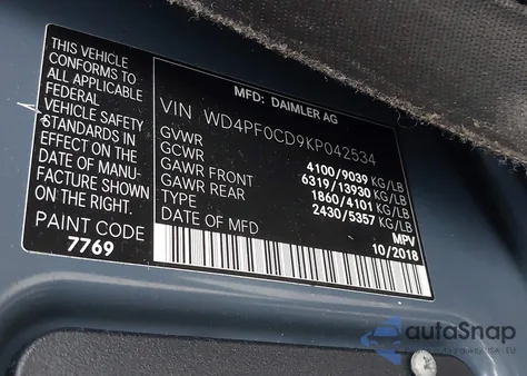 2019 Mercedes-Benz Sprinter 2500 High Roof V6/Standard Roof V6 из США, поврежденный, VIN WD4PF0CD9KP042534